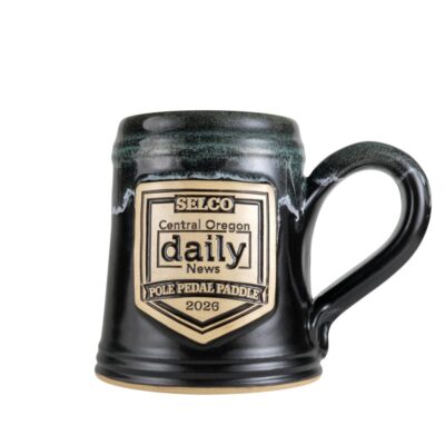 12 ounce Traditional style coffee mug in a Satin Black with tin green rim glaze