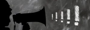 Illustration of a person holding a megaphone with five exclamation points coming out of it.