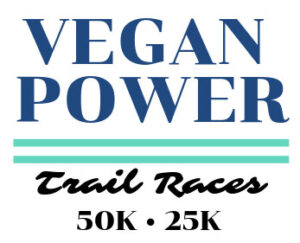 The text "Vegan Power" In blue, follow by two green lines, then the text "Trail Races 50k-25k" in black.
