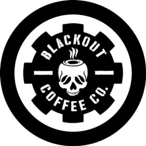 The text "blackout Coffee Co' with a drawing of skull in the middle.