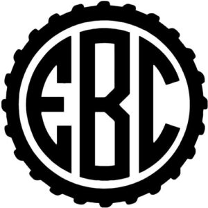 Black drawing of the characters "EBC" with a cog wheel shape around them.