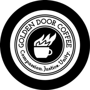 The text "Golden Door Coffee, Compassion. Justice, Unity" with a drawing of a coffee mug with fire coming out of the top.