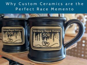 photo of two black coffee mugs with a logo for a race 50k event with the text ' why custom ceramics are a perfect race memento." at the top