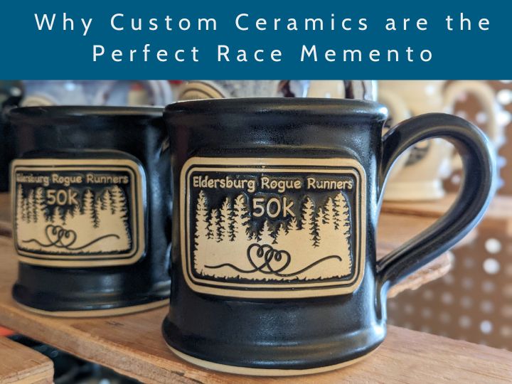 photo of two black coffee mugs with a logo for a race 50k event with the text ' why custom ceramics are a perfect race memento." at the top