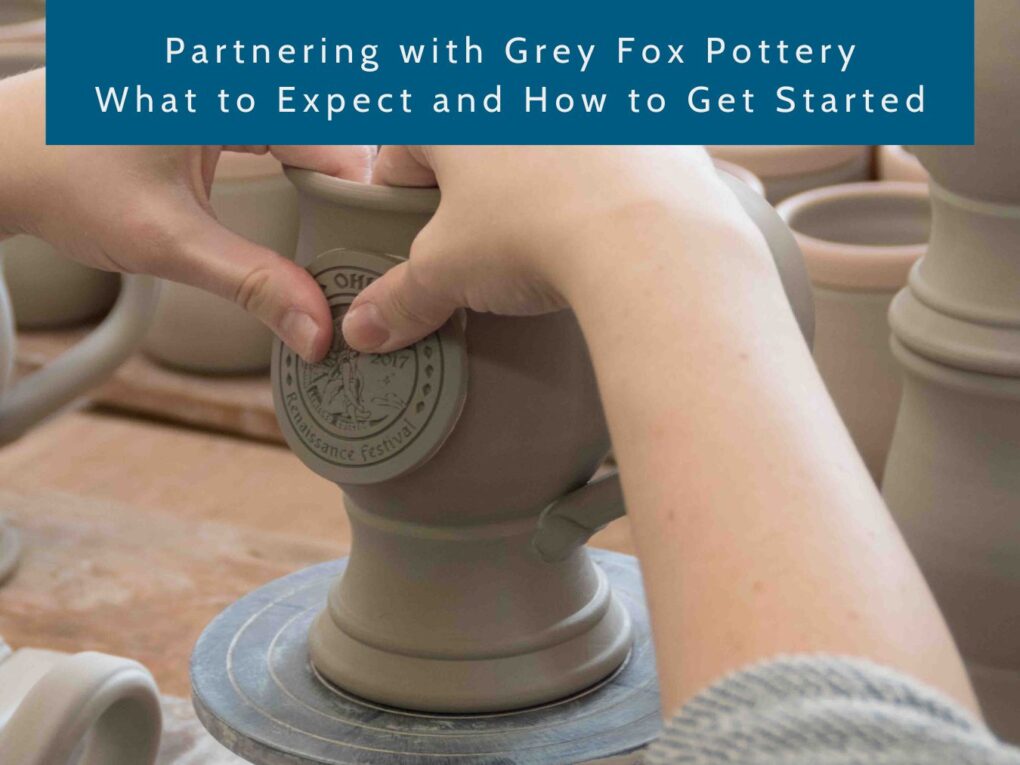 person hand-forming a clay mug with the text 'partnering with grey fox pottery - what to expect and how to get started' in the foreground