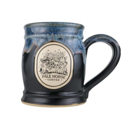 16 ounce barrel coffee mug in a satin black with mossy green glaze color